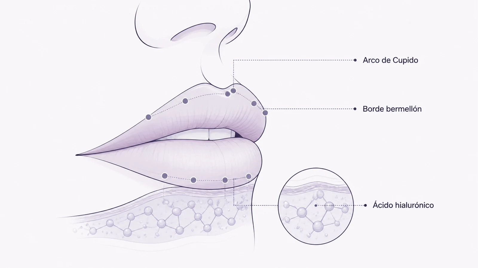 Ilustración médica sobre puntos de infiltración en el labio en aumento de labios con ácido hialurónico