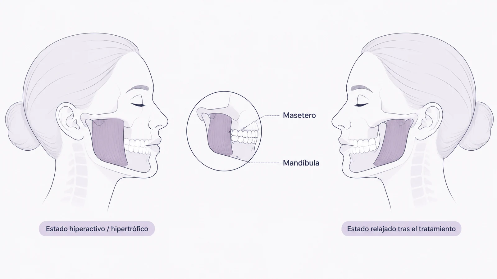 Ilustración médica sobre el masetero y su relación con la mandíbula en tratamiento del bruxismo