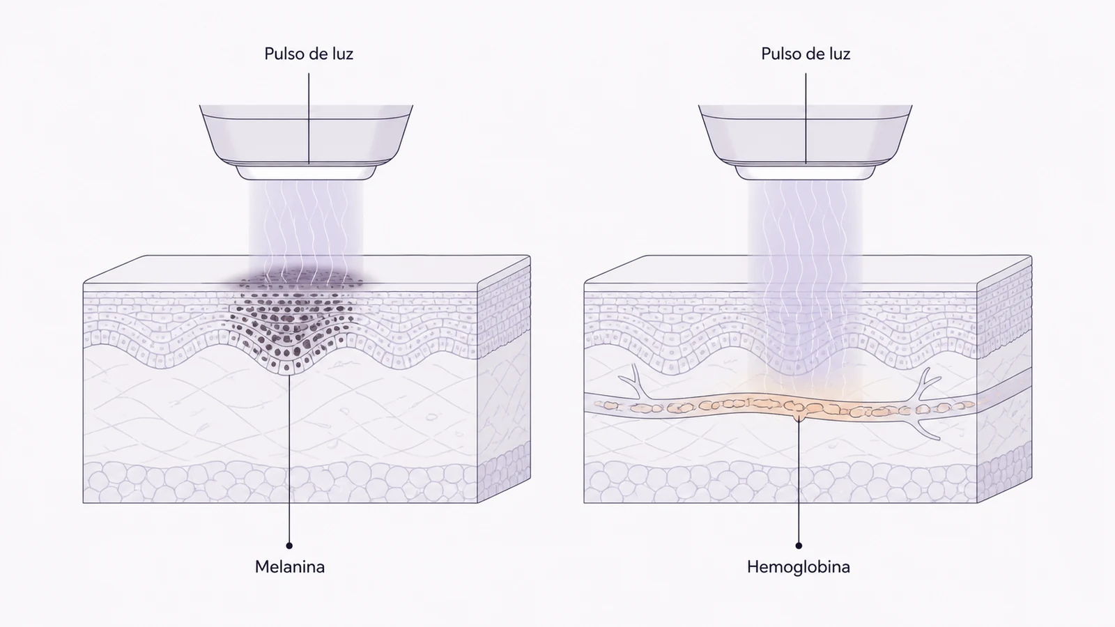 Ilustración médica sobre absorción selectiva de la luz en manchas y rojeces con ipl