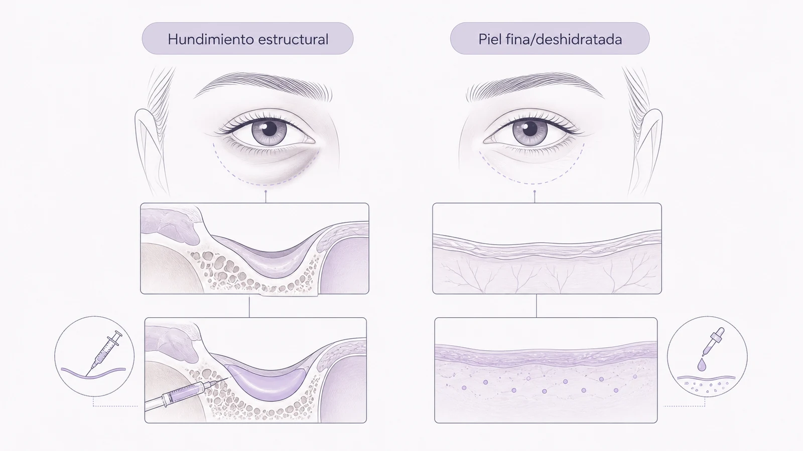 Ilustración médica sobre dos orígenes, dos técnicas en tratamiento de ojeras