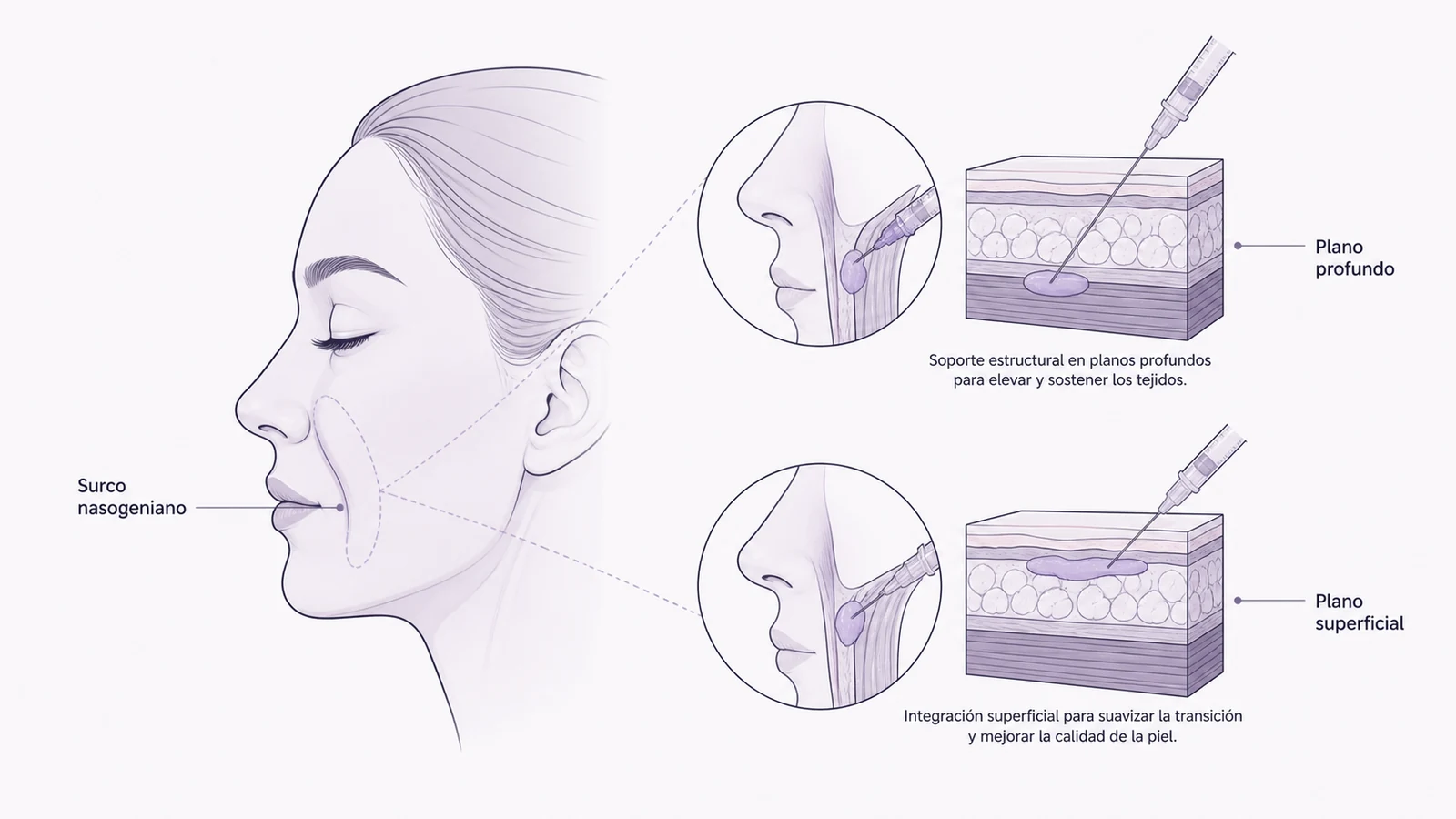 Ilustración médica sobre planos de infiltración del surco nasogeniano en tratamiento del surco nasogeniano